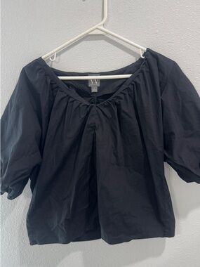 W by Worth Black Gathered Neck Puff Sleeve Top